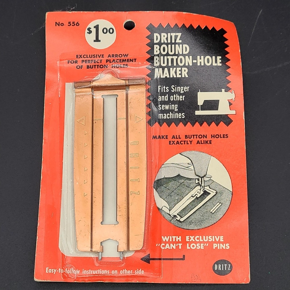 Dritz Bound Button-Hole Maker for Bound Buttonholes w "Can't Lose" Pins #556 Vtg